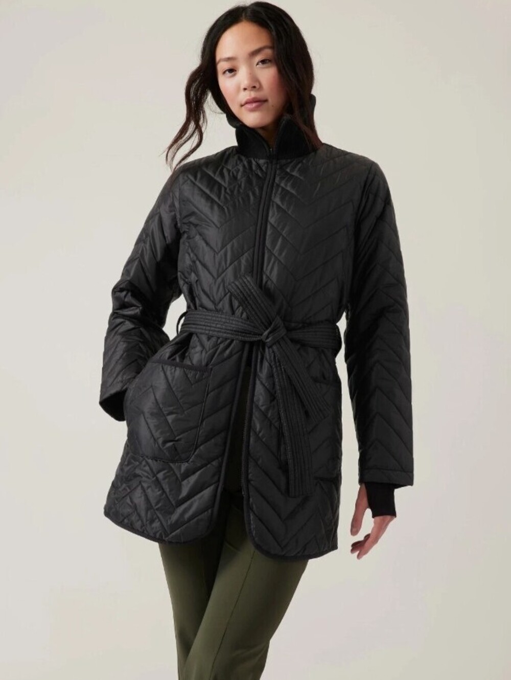 Athleta BLack Quilted Mendocino Belted Coat Jacket - Size - Medium
